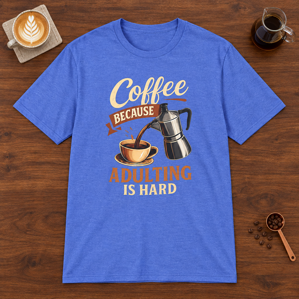 Adulting is Hard T-Shirt Heather Royal coffee bar mockup