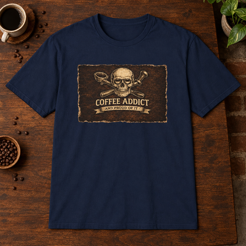 Proud Coffee Addict T-Shirt Navy close-fill short-sleeve coffee-bar flat lay