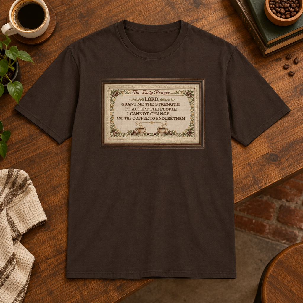 Daily Prayer T-Shirt Dark Chocolate close-fill short-sleeve coffee-bar flat lay
