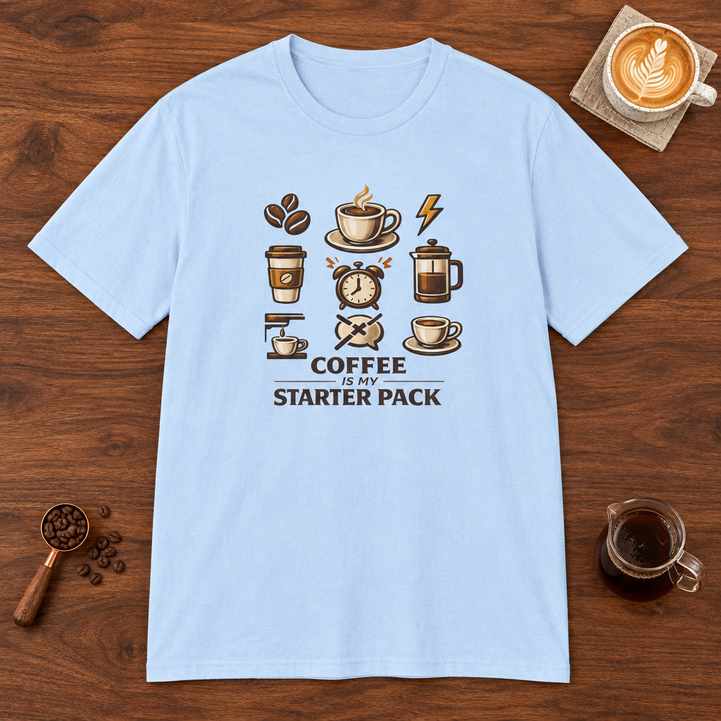 Coffee is My Starter Pack T-Shirt Light Blue coffee bar mockup