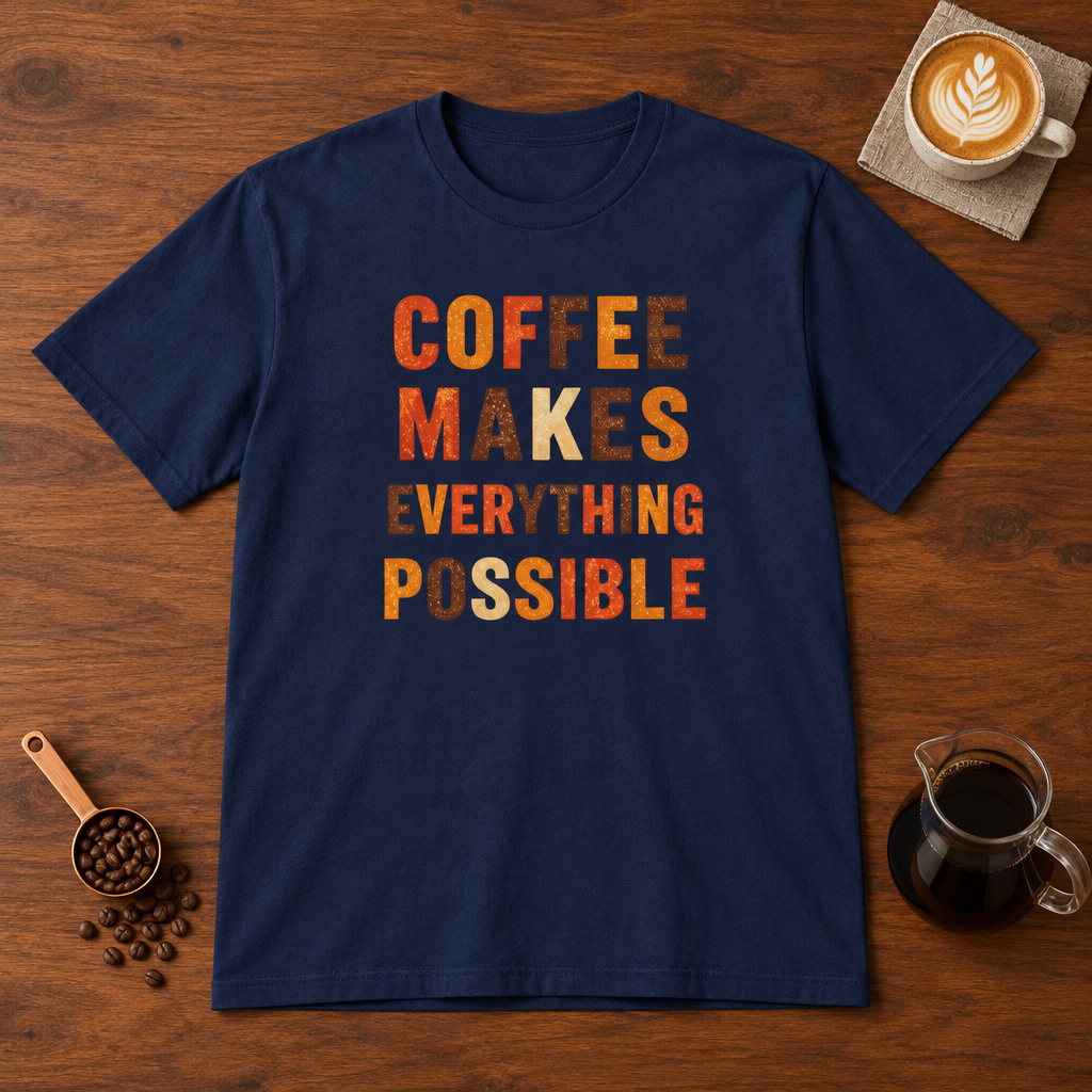 Coffee Makes Everything Possible text print T-Shirt Navy flat lay on walnut coffee bar
