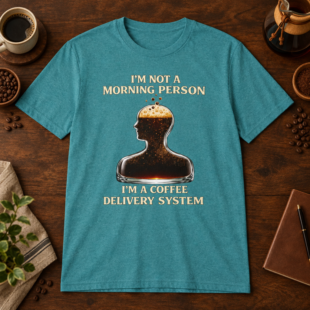 Not a Morning Person T-Shirt Heather Galapagos Blue short-sleeve coffee-bar flat lay