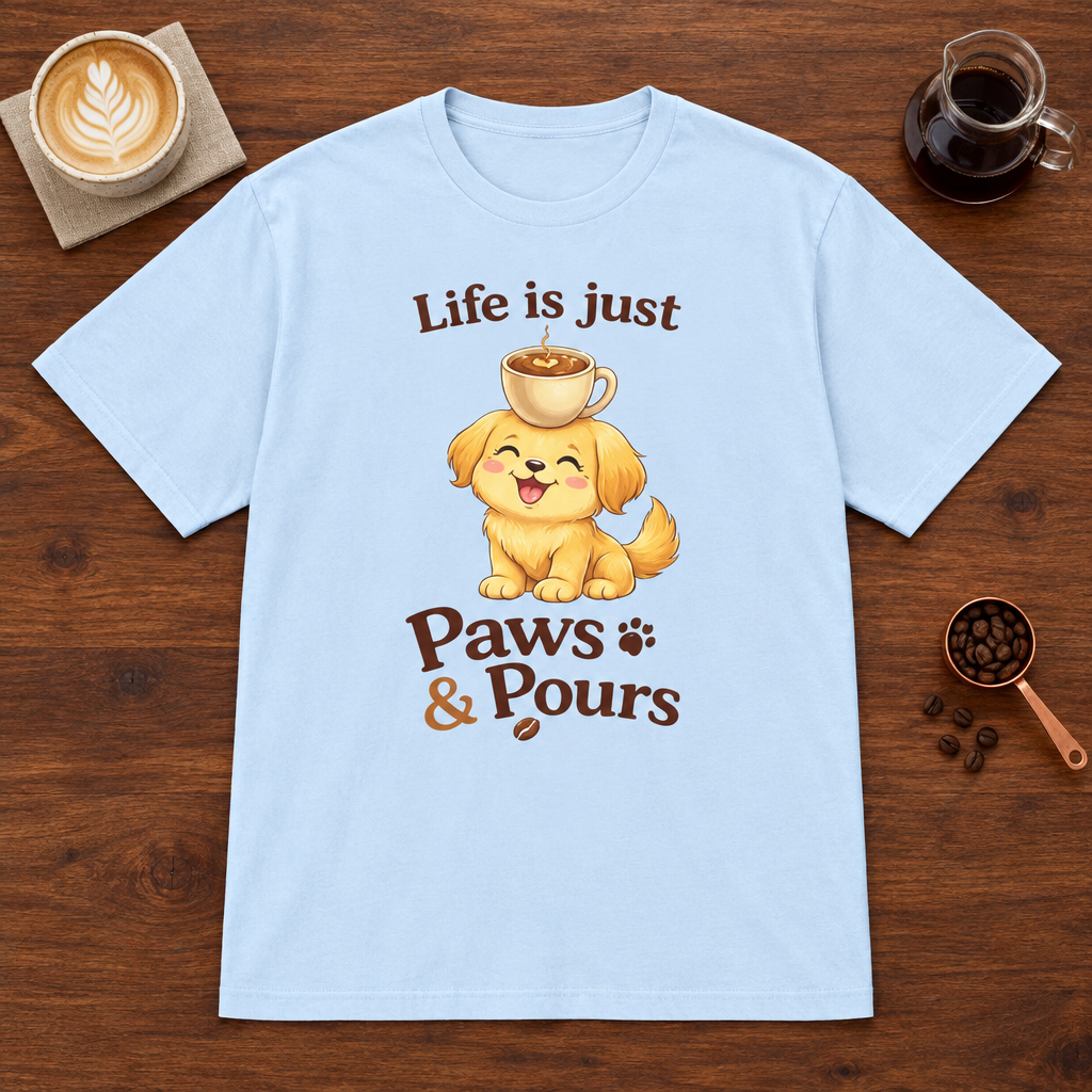 Paws & Pours T-Shirt Light Blue coffee bar mockup