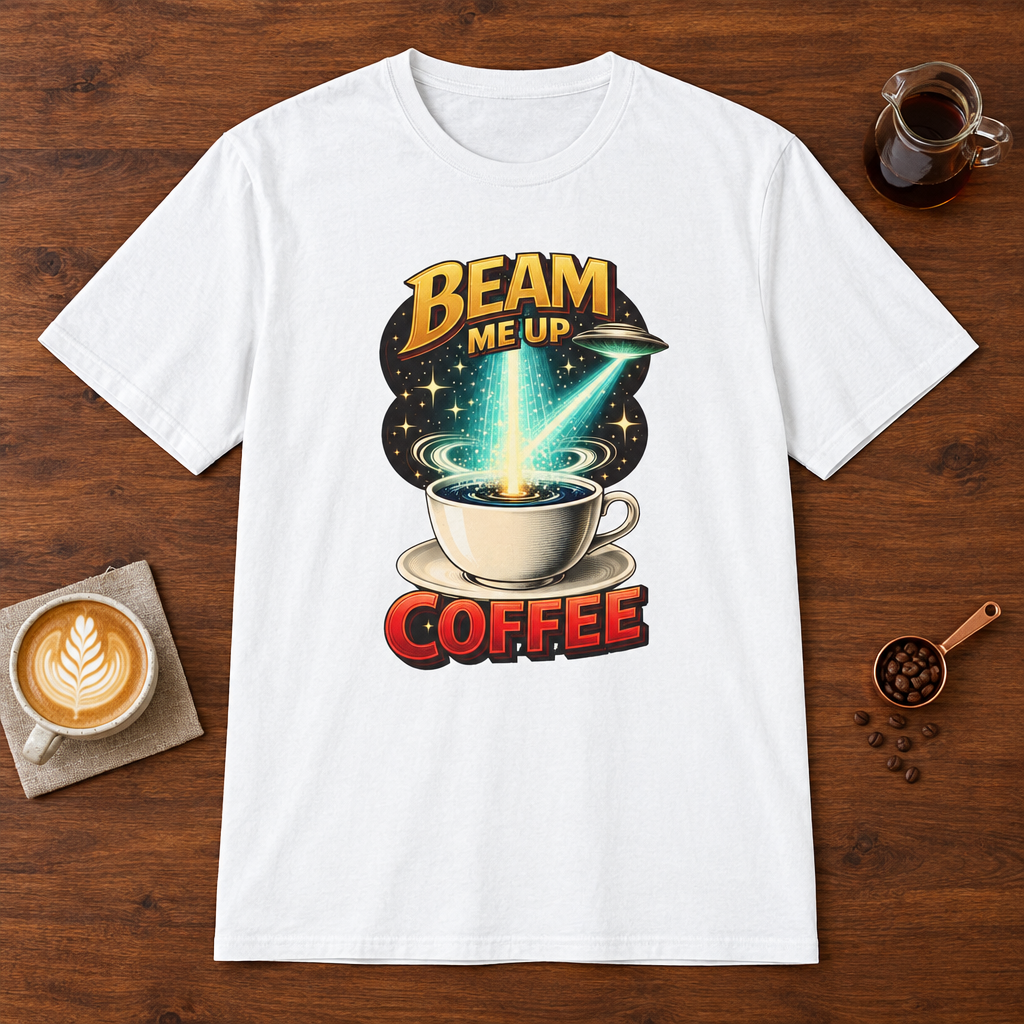 Beam Me Up Coffee T-Shirt White coffee bar mockup