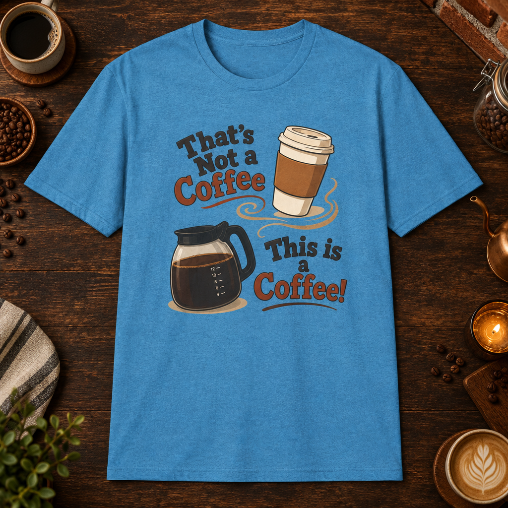That’s Not a Coffee T-Shirt in Heather Sapphire, overhead coffee-bar flat-lay mockup