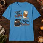That’s Not a Coffee T-Shirt in Heather Sapphire, overhead coffee-bar flat-lay mockup