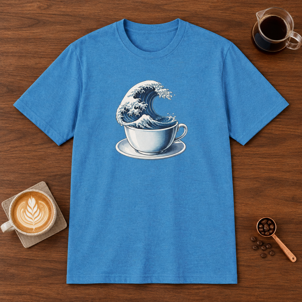 Coffee Tsunami T-Shirt Heather Sapphire coffee bar mockup