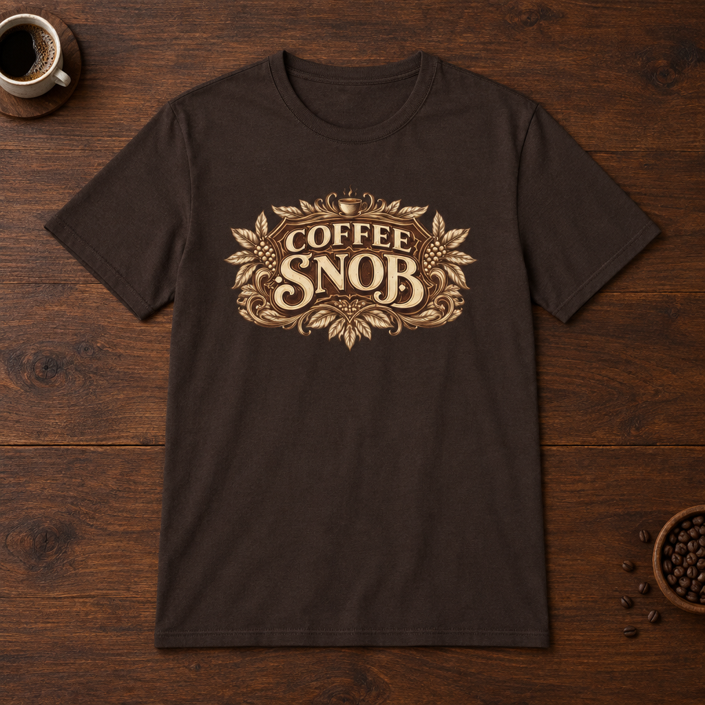 Coffee Snob T-Shirt Dark Chocolate short-sleeve coffee-bar flat lay