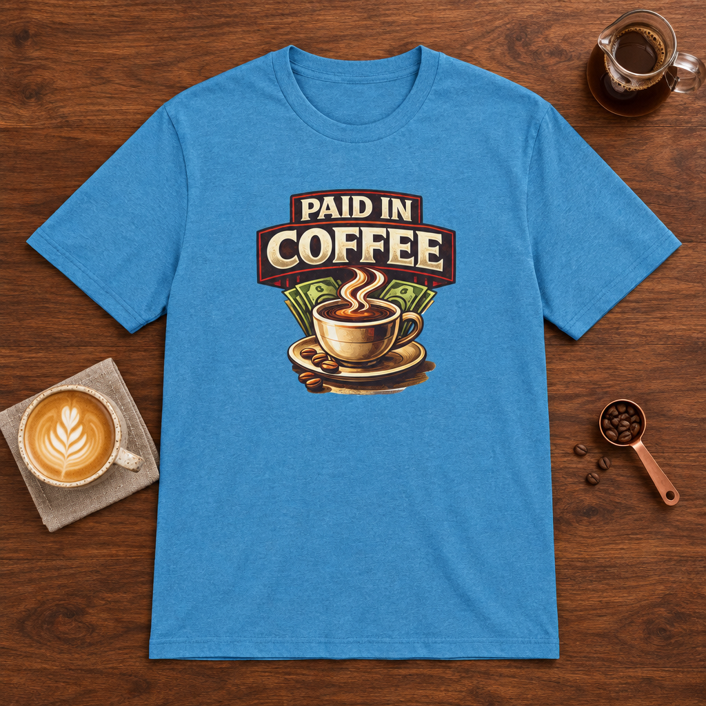 Paid in Coffee T-Shirt Heather Sapphire coffee bar mockup
