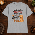 Espresso and a Puppy T-Shirt in Sport Grey, overhead coffee-bar flat-lay mockup
