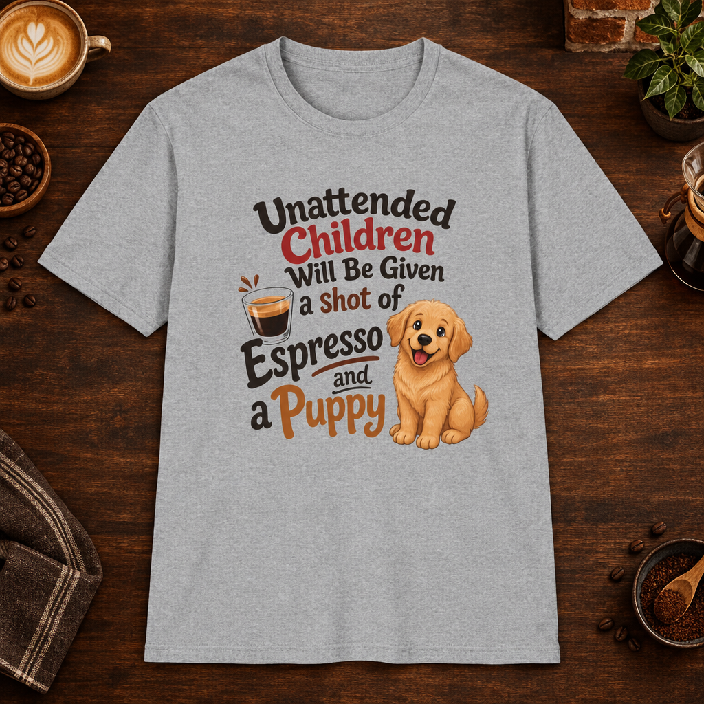 Espresso and a Puppy T-Shirt in Sport Grey, overhead coffee-bar flat-lay mockup