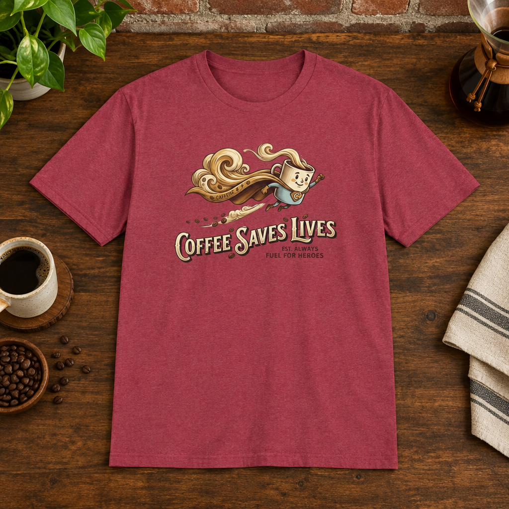 Coffee Saves Lives T-Shirt Heather Cardinal subtly closer coffee-bar flat lay
