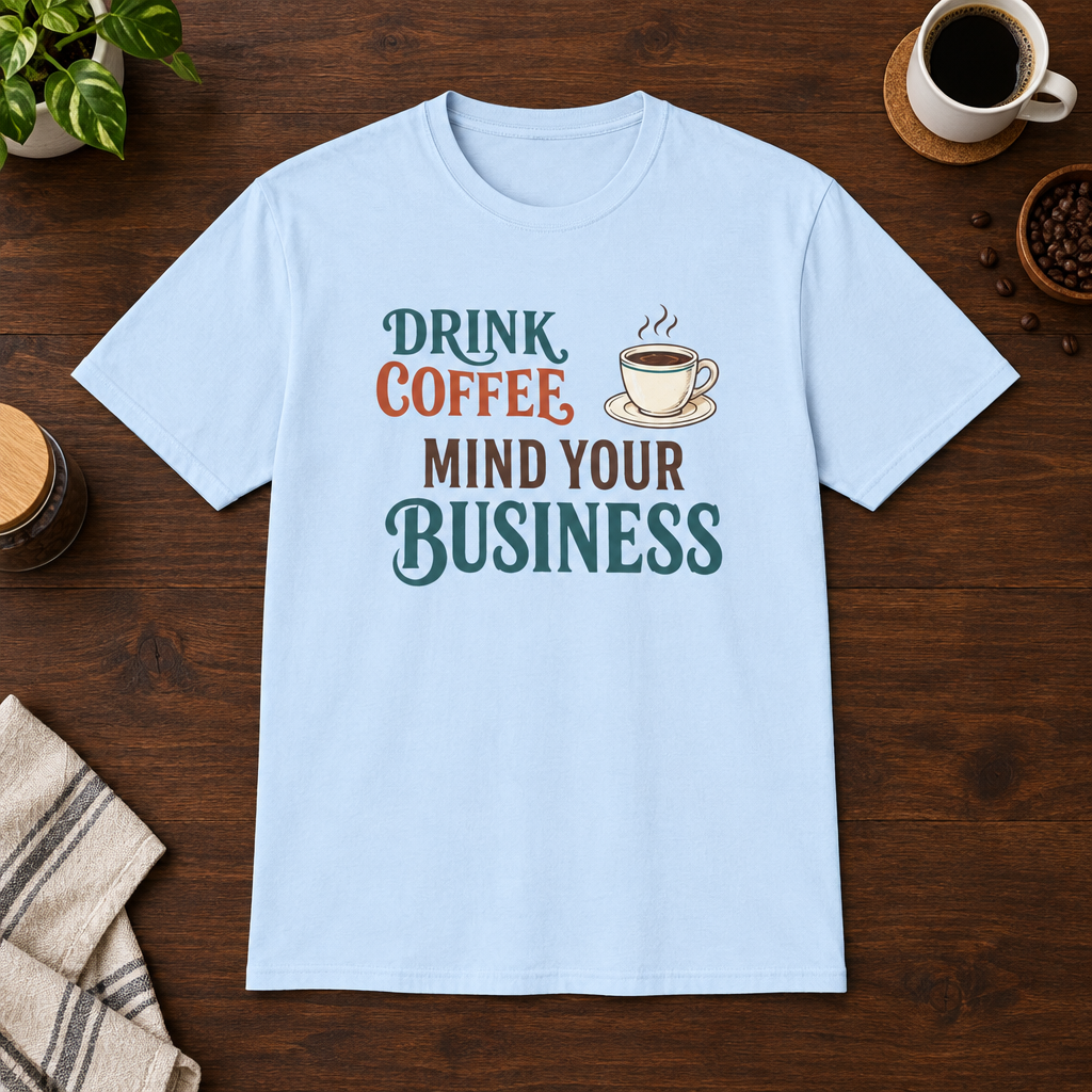 Mind Your Business T-Shirt Light Blue short-sleeve coffee-bar flat lay