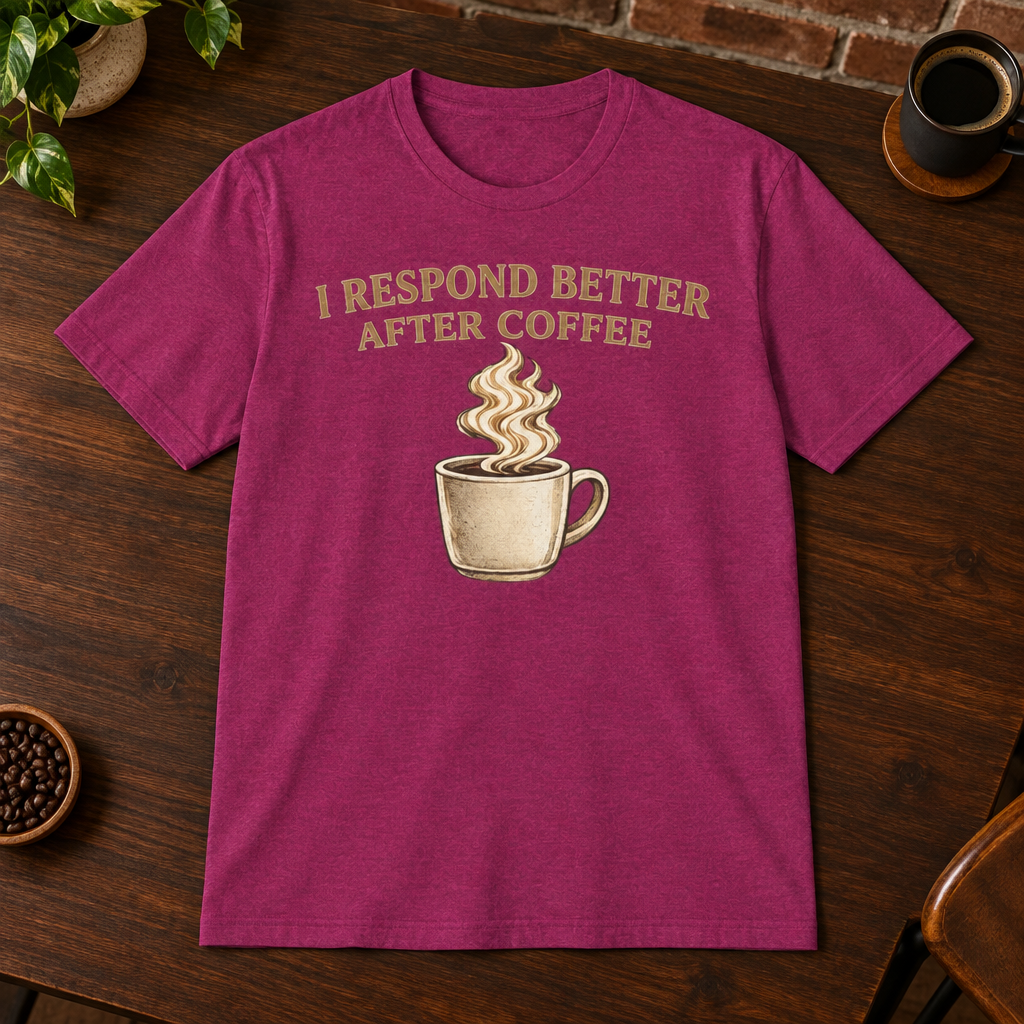 I Respond Better T-Shirt Antique Heliconia close-fill short-sleeve coffee-bar flat lay