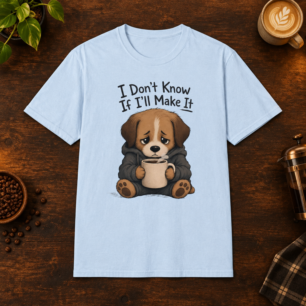 I Don't Know If I'll Make It T-Shirt in Light Blue, overhead coffee-bar flat-lay mockup