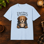 I Don't Know If I'll Make It T-Shirt in Light Blue, overhead coffee-bar flat-lay mockup