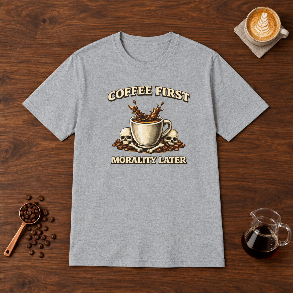 Coffee First Morality Later T-Shirt Sport Grey flat lay on walnut coffee bar