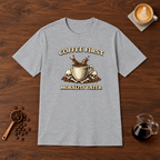 Coffee First Morality Later T-Shirt Sport Grey flat lay on walnut coffee bar