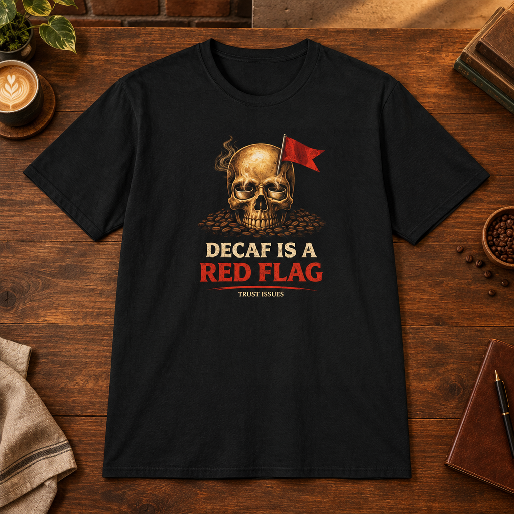 Red Flag T-Shirt Black close-fill short-sleeve dark-ish coffee-bar flat lay