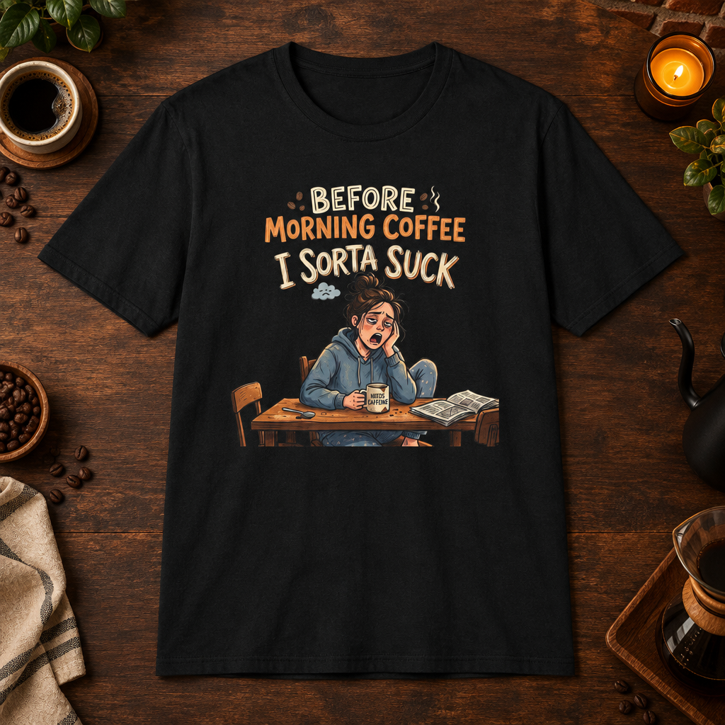 Before Morning Coffee T-Shirt in Black, coffee bar flat lay mockup