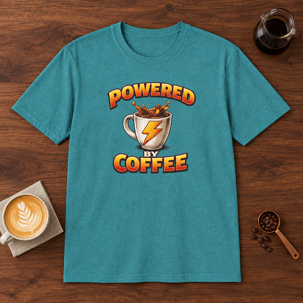 Powered by Coffee T-Shirt Heather Galapagos Blue coffee bar mockup
