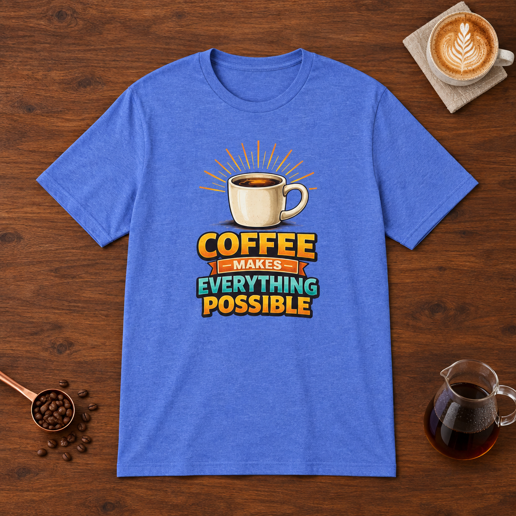 Coffee Makes Everything Possible T-Shirt Heather Royal flat lay on walnut coffee bar