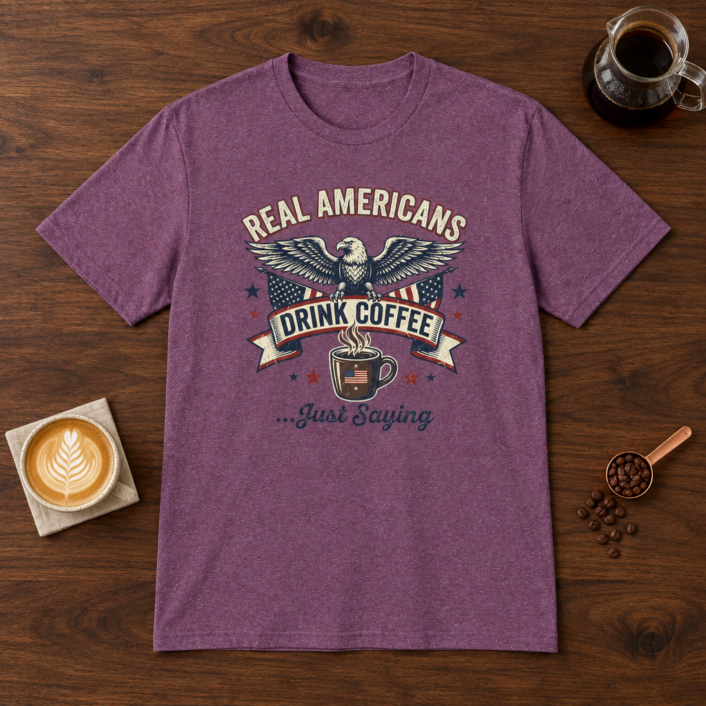 Real Americans T-Shirt Heather Maroon coffee bar mockup