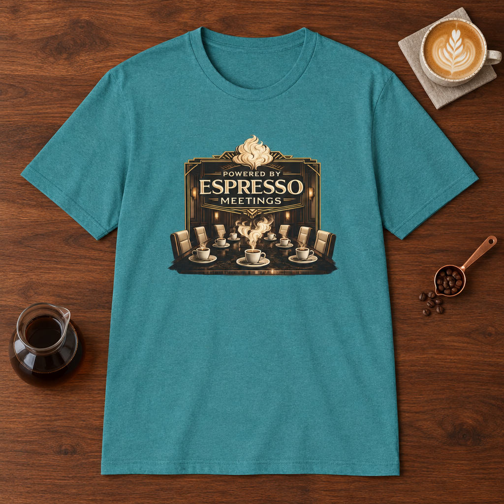 Powered by Espresso Meetings T-Shirt Heather Galapagos Blue coffee bar mockup