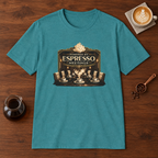 Powered by Espresso Meetings T-Shirt Heather Galapagos Blue coffee bar mockup