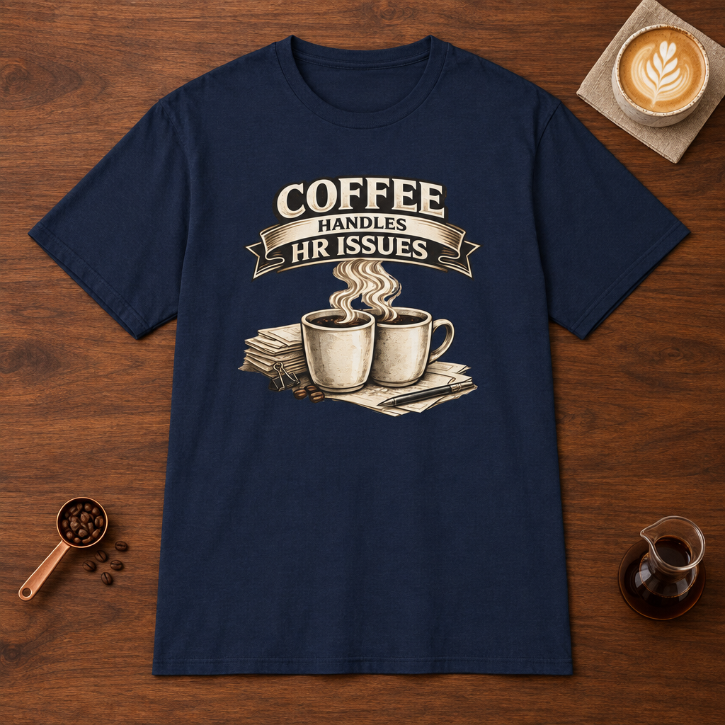 Coffee Handles HR Issues T-Shirt Navy coffee bar mockup