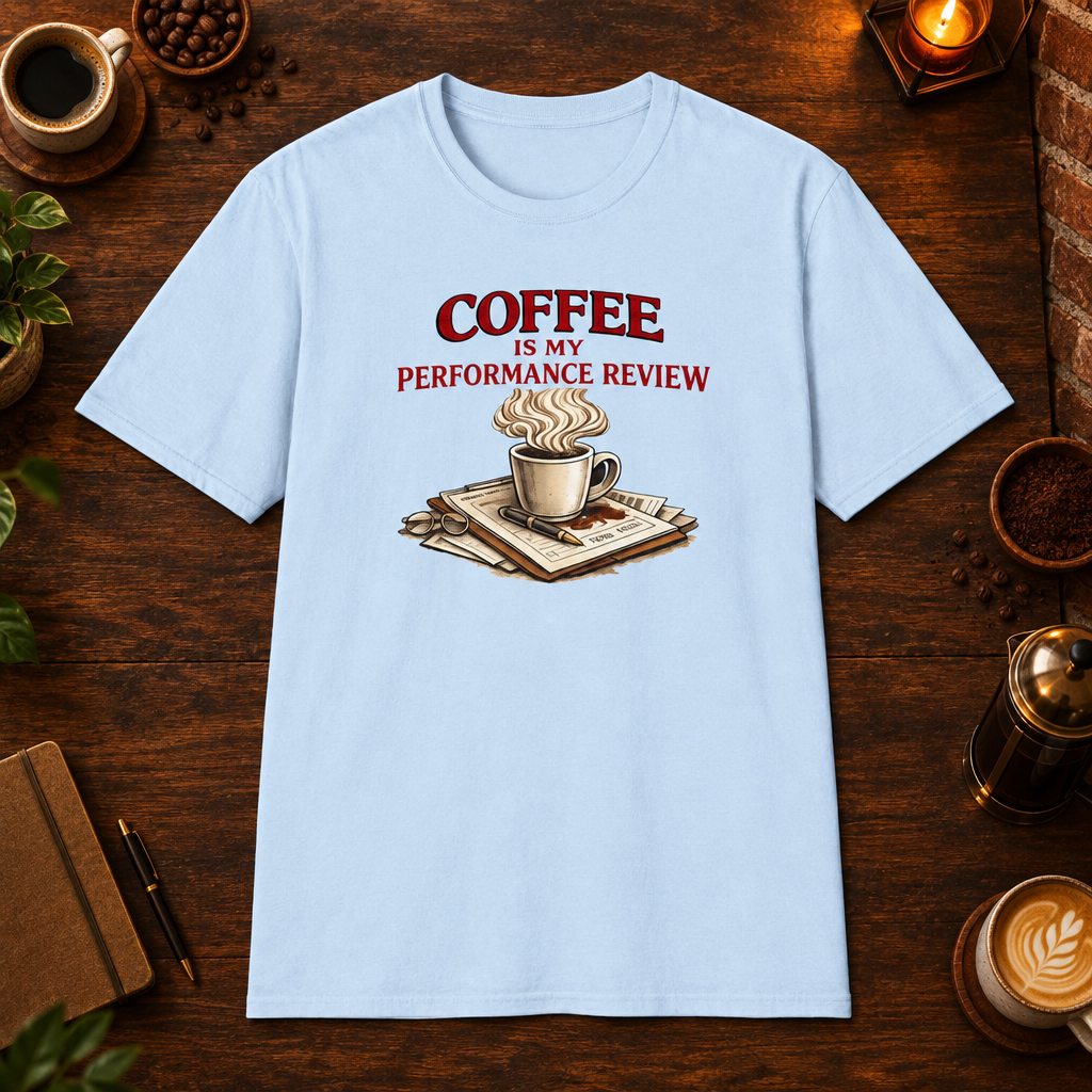 Coffee is My Performance Review T-Shirt in Light Blue, zoomed lifestyle mockup