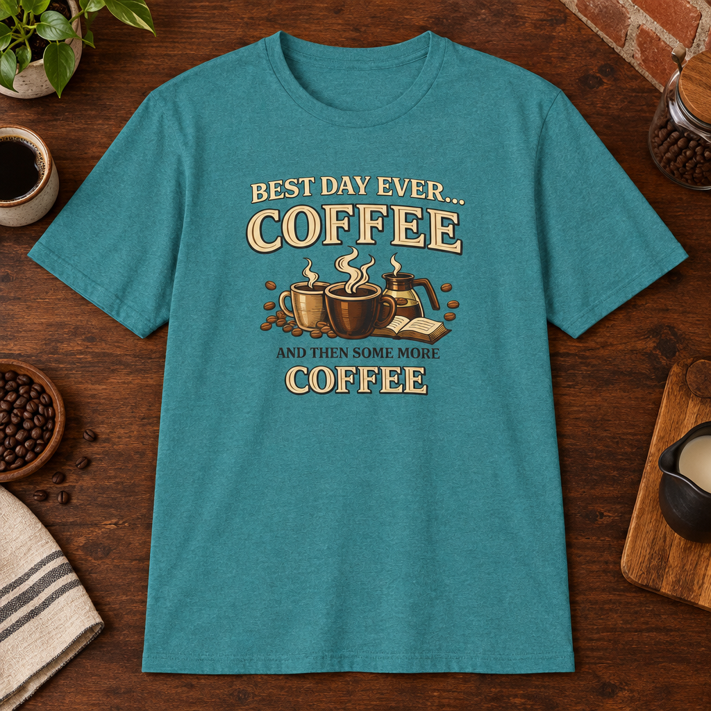 Best Day Ever T-Shirt Heather Galapagos Blue close-fill short-sleeve coffee-bar flat lay
