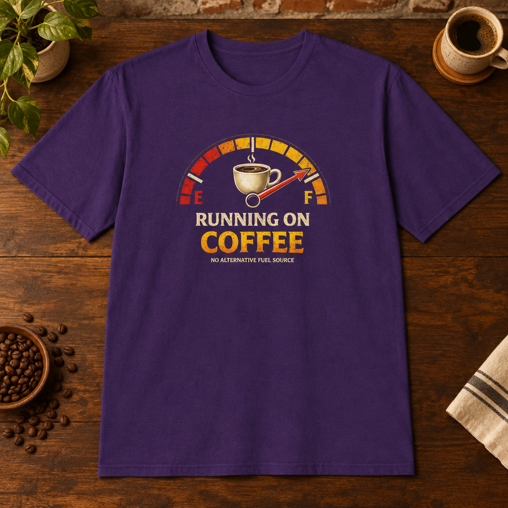 Running on Coffee T-Shirt Purple close-fill short-sleeve coffee-bar flat lay