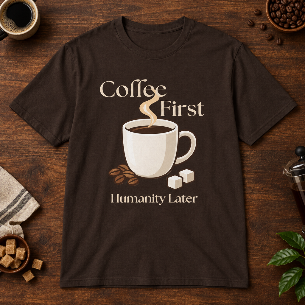 Coffee First T-Shirt Dark Chocolate on warm coffee bar