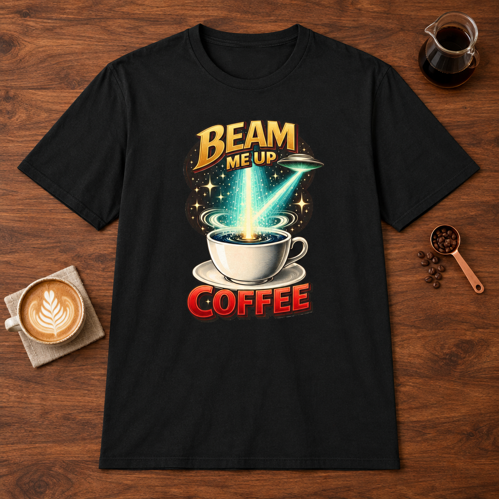 Beam Me Up Coffee T-Shirt Black coffee bar mockup