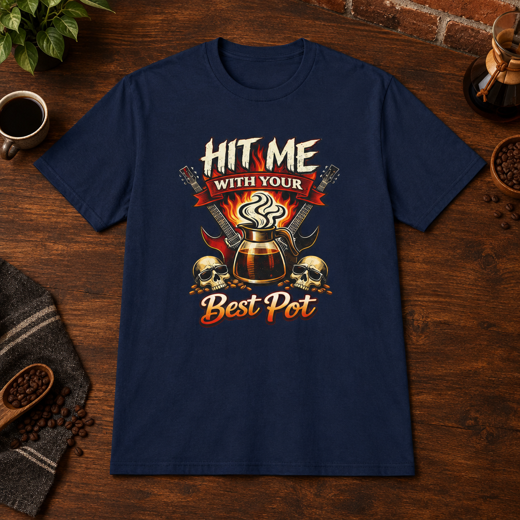 Hit Me with Your Best Pot T-Shirt Navy close-fill short-sleeve coffee-bar flat lay