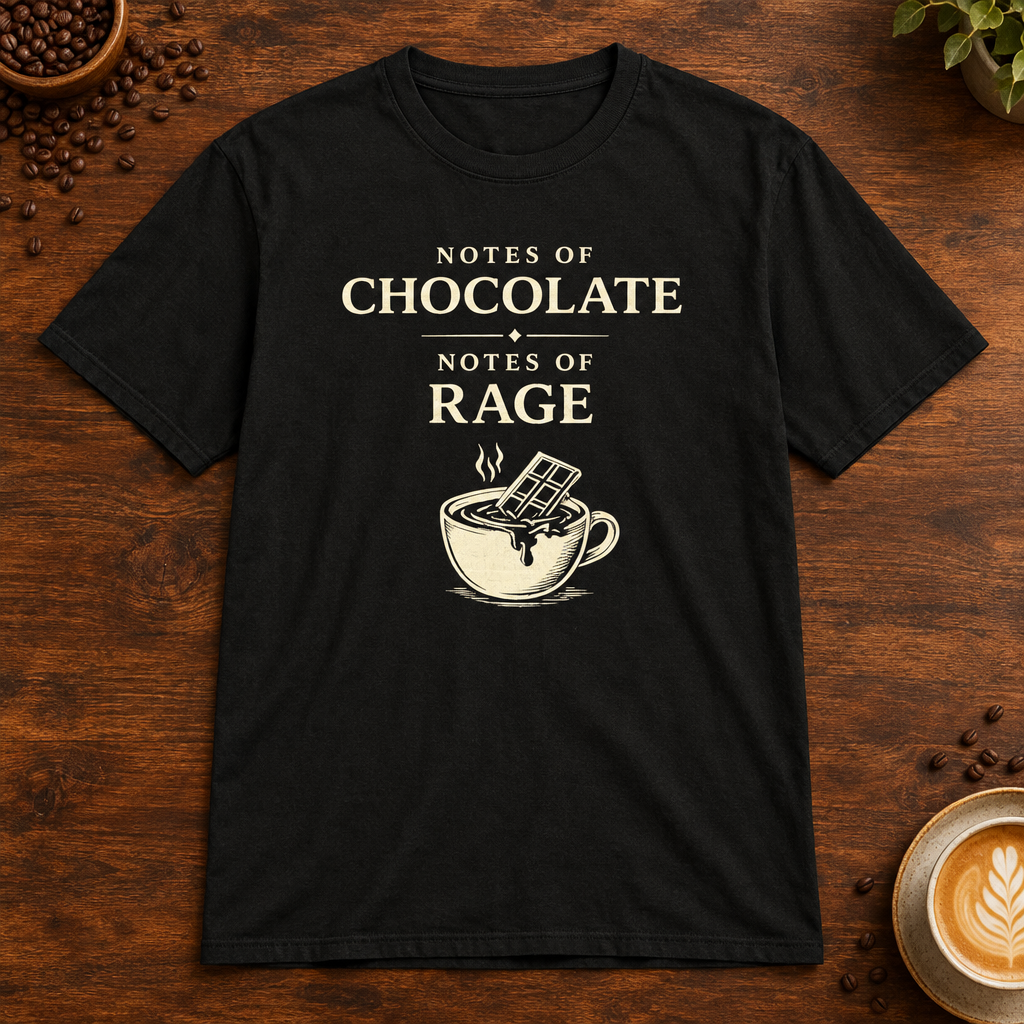 Notes of Rage T-Shirt in Black on a dark wood coffee bar