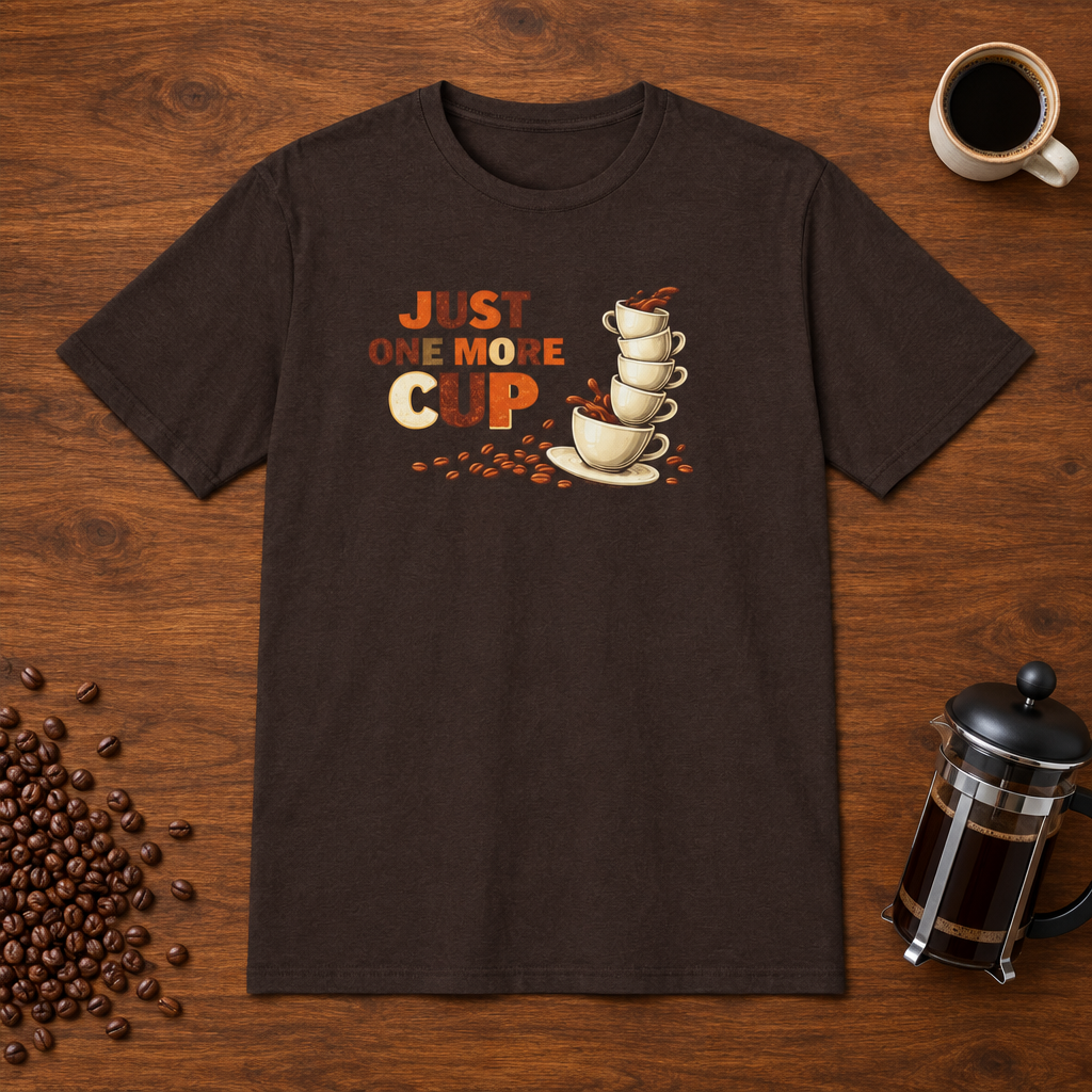 Just One More Cup T-Shirt Dark Chocolate coffee-bar flat lay