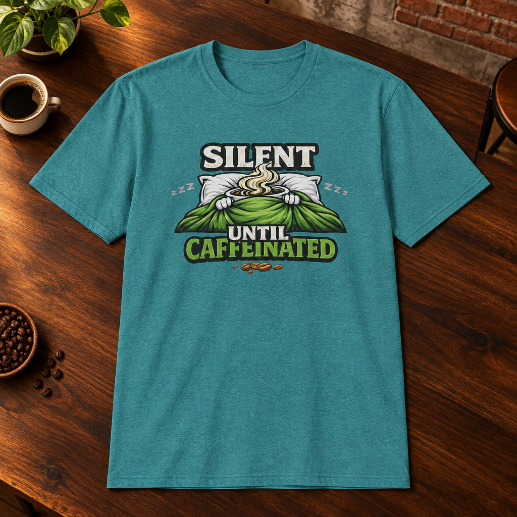 Silent Until Caffeinated T-Shirt Heather Galapagos Blue close-fill short-sleeve coffee-bar flat lay