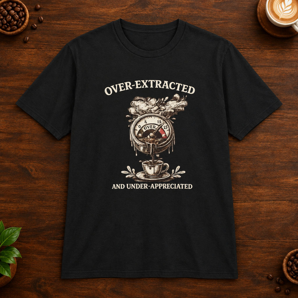 Over-Extracted T-Shirt in Black on a wooden coffee-themed background