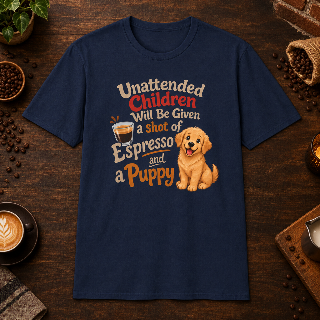 Espresso and a Puppy T-Shirt in Navy, overhead coffee-bar flat-lay mockup