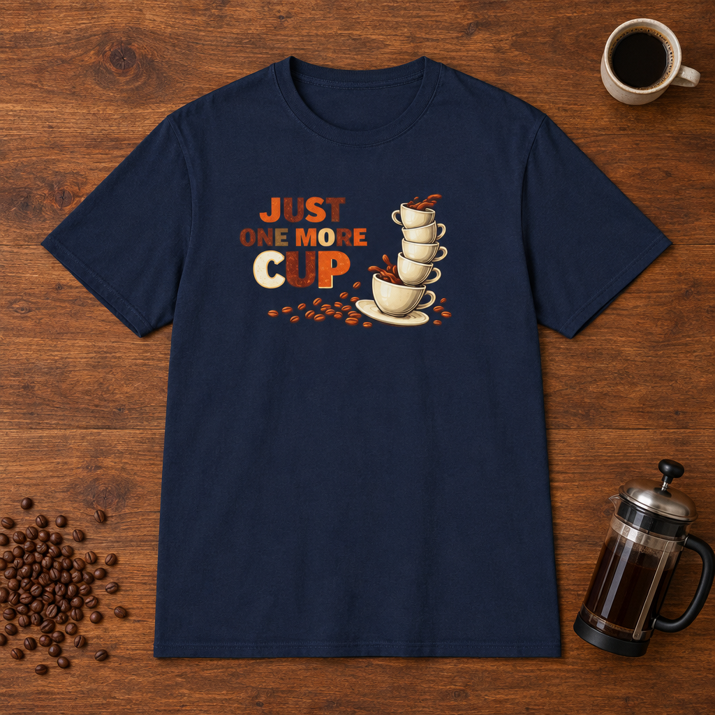 Just One More Cup T-Shirt Navy coffee-bar flat lay