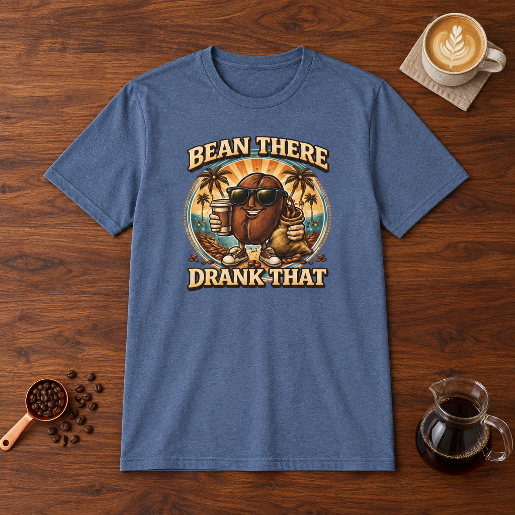 Bean There Drank That T-Shirt Heather Indigo flat lay on walnut coffee bar