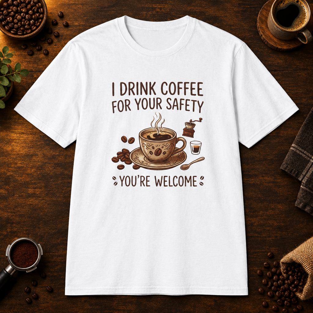 I Drink Coffee for Your Safety T-Shirt in White, overhead coffee-bar flat-lay mockup