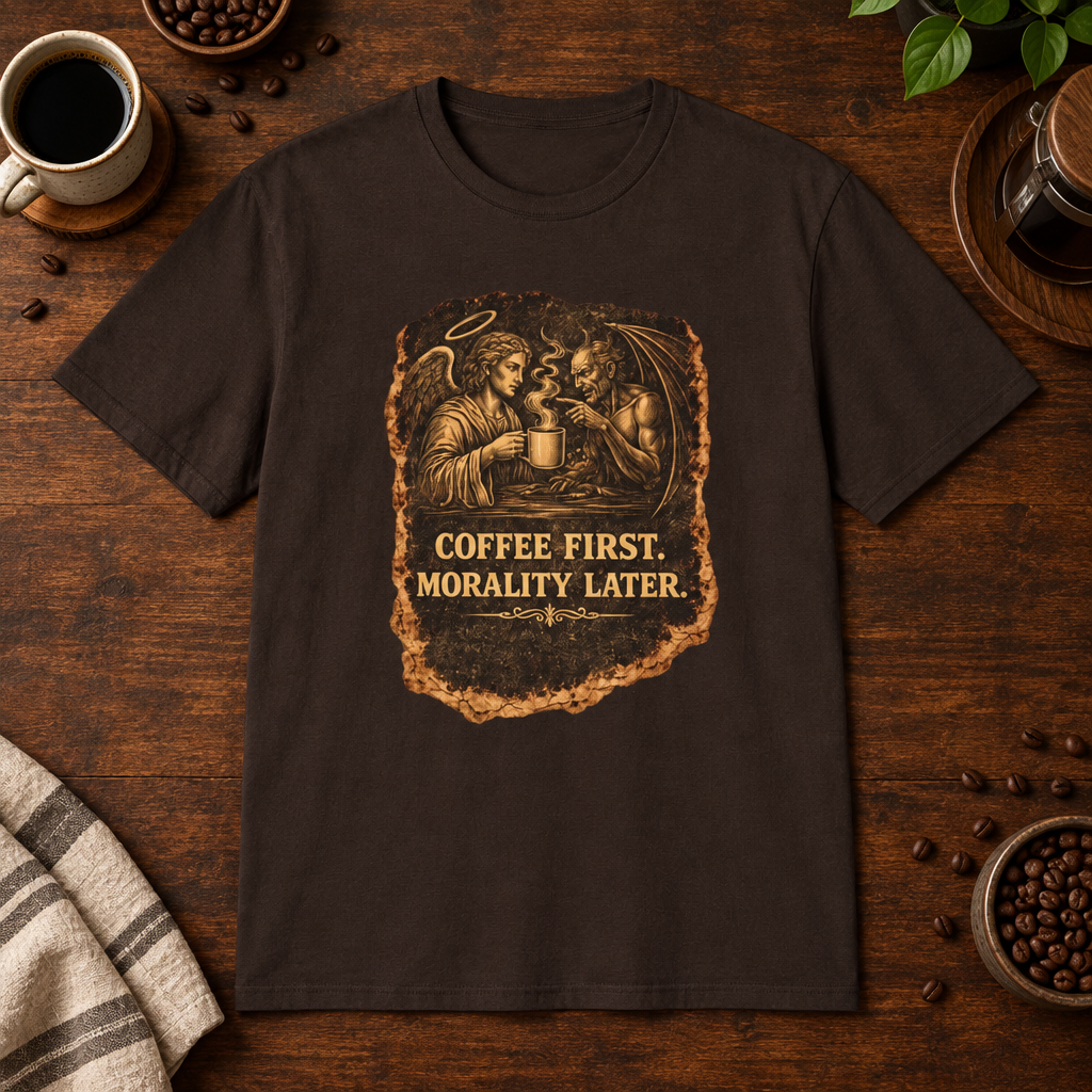 Heaven and Hell T-Shirt Dark Chocolate short-sleeve coffee-bar flat lay