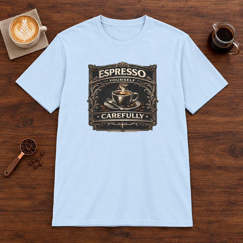 Espresso Yourself Carefully T-Shirt Light Blue coffee bar mockup