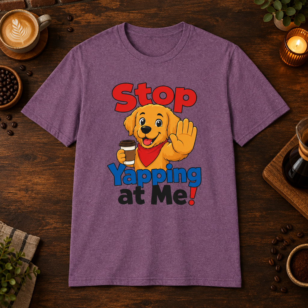 Stop Yapping at Me T-Shirt in Heather Maroon, coffee bar flat lay mockup