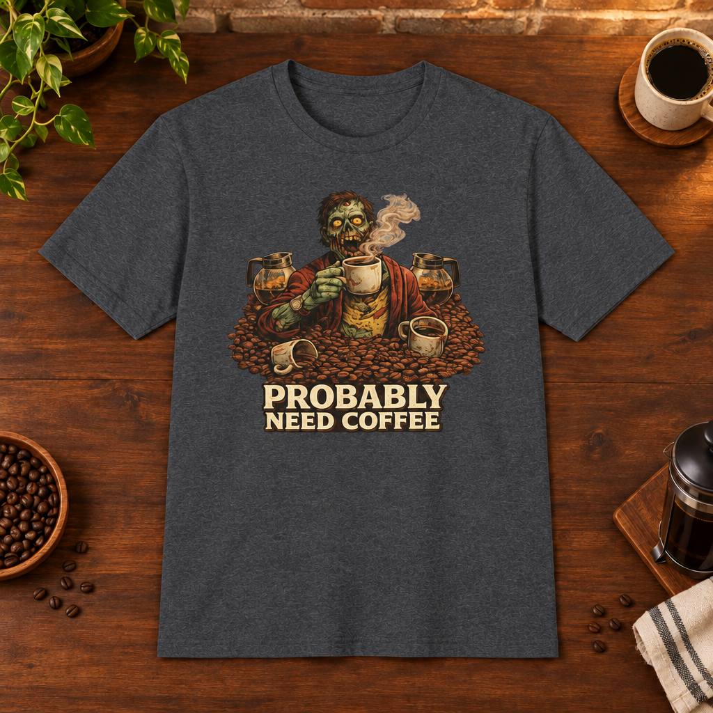 Probably Need Coffee Too T-Shirt Dark Heather Grey coffee-bar flat lay, consistent framing