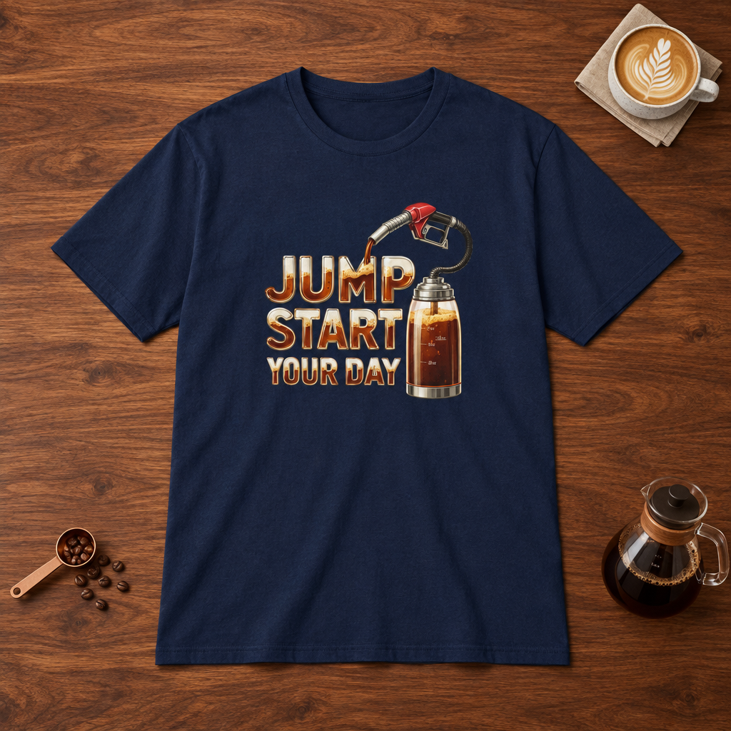 Jump Start Your Day T-Shirt Navy flat lay on walnut coffee bar