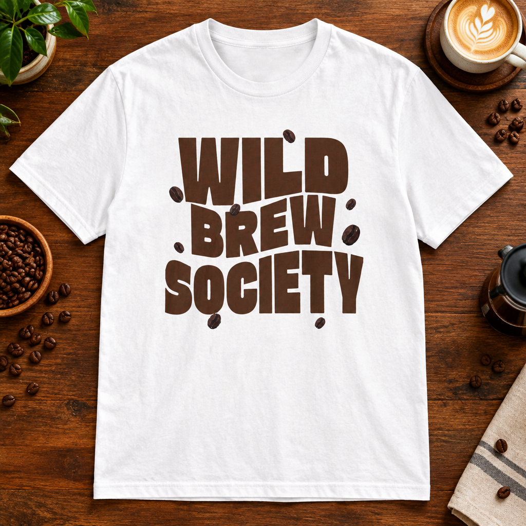 Wild Brew Society T-Shirt White on a warm coffee bar